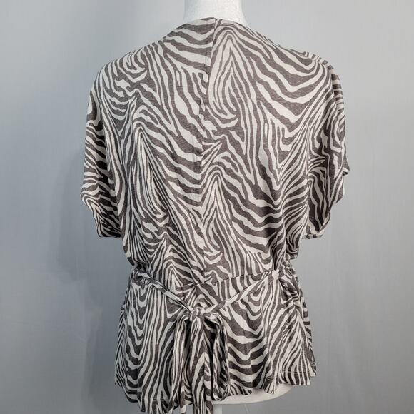 Banana Republic linen short sleeve zebra print wrap top size L gray white career - Picture 7 of 8